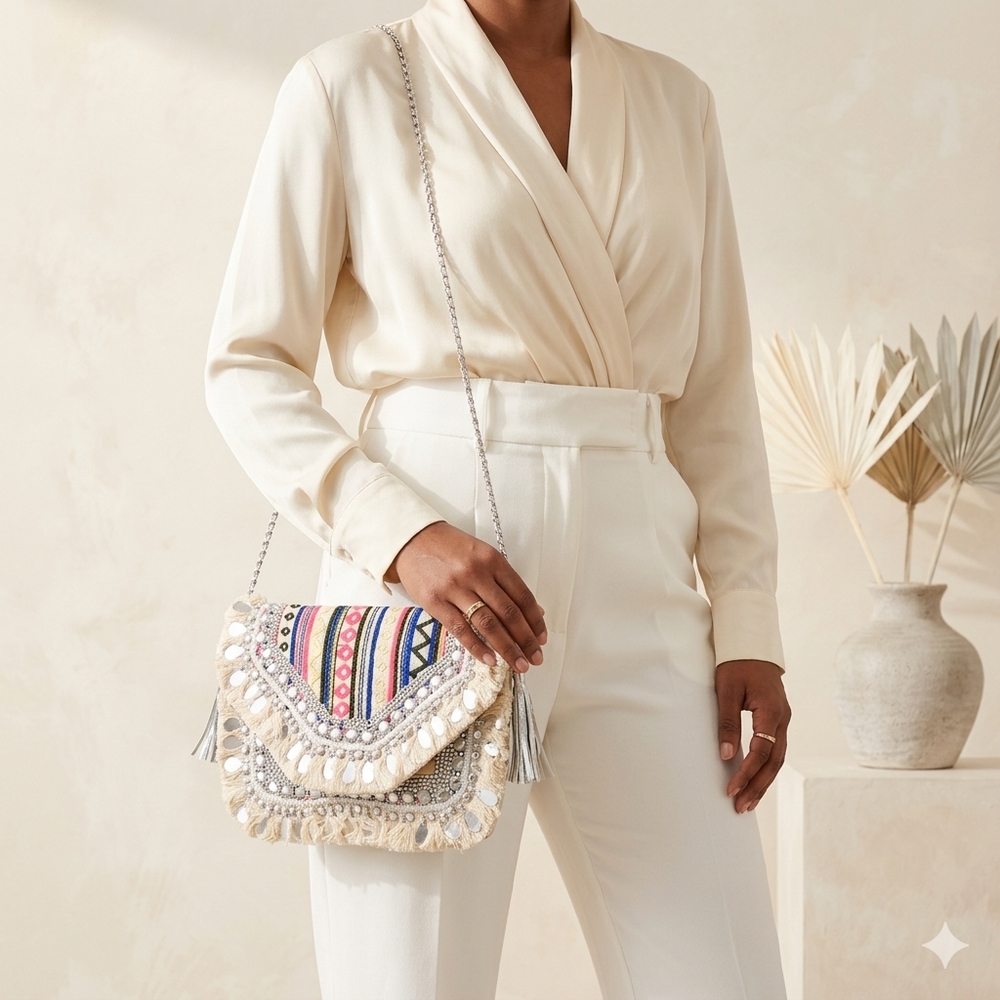New Boho Embroidered Fringe Clutch - Multicolor